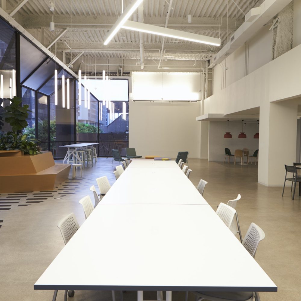 Tables and seating in an empty corporate business cafeteria