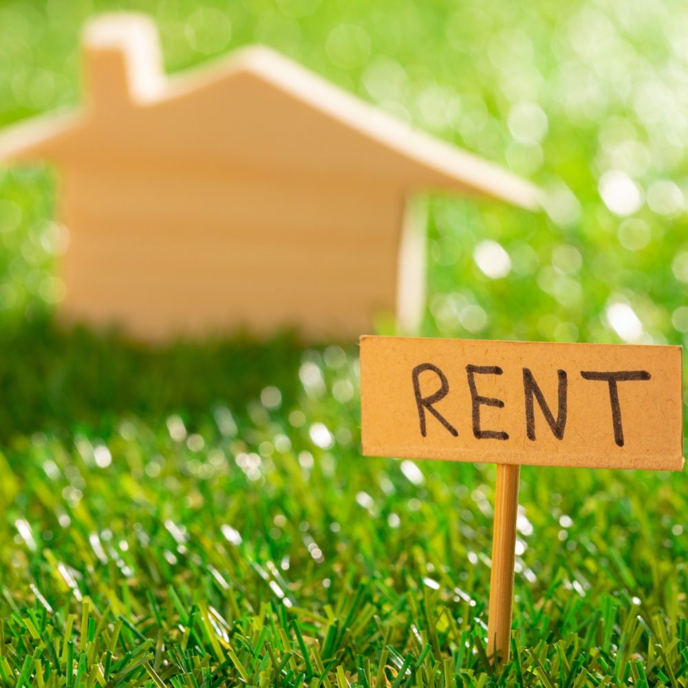 Wooden toy house with rent sign on grass